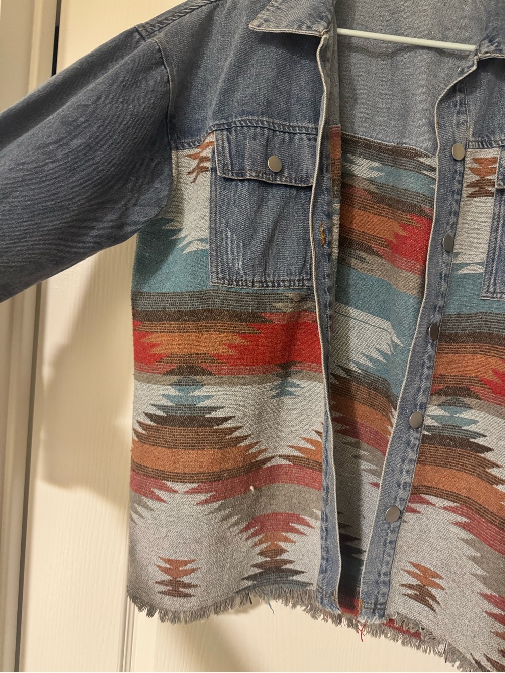 Boho Aztec Denim Jacket - Blue with Multi-Color Pattern - Picture 2 of 3